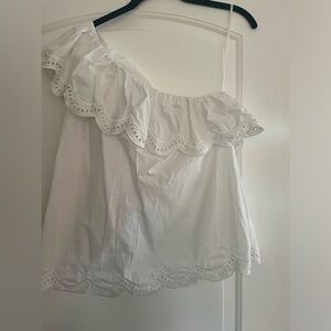 Aqua.  White asymmetrical stop with ruffle and eyelet trim.